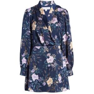 NWT Lost + Wander Eva Floral Long Sleeve Faux Wrap Mini Dress Blue Sz M